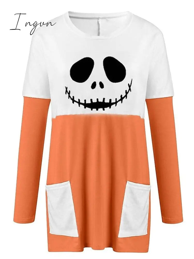 Ingvn - Women's Tunic Shirts Tunic Black White Wine Plaid Color Block Pocket Print Long Sleeve Halloween Weekend Round Neck Long Abstract Painting S