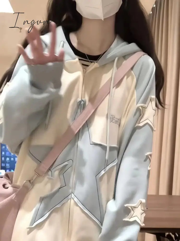Ingvn - Stars Stick Cloth Embroidered hoodie hoodie women long-sleeved loose college style niche cardigan coat 2023 spring Autumn
