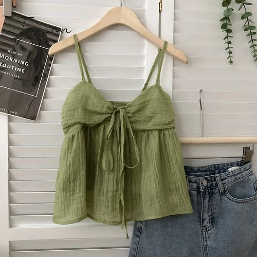 Ingvn - Summer New Korean Style Sweet Crop Tops All-Match Bow Tie Sleeveless Short Mesh Outer Wear Spaghetti-Strap Camisole Top