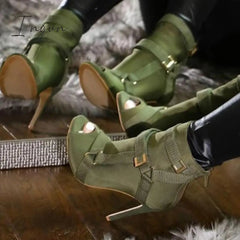 Ingvn - Back Zip Peep Toe Stiletto Heel Ankle Boots