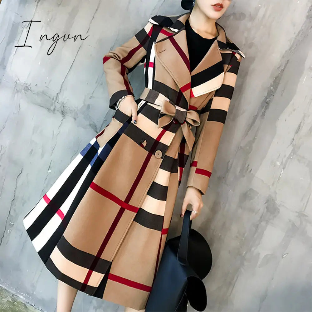 Ingvn - Thickened autumn and winter new women's lapels in the long simple color matching retro plaid coat temperament windbreaker
