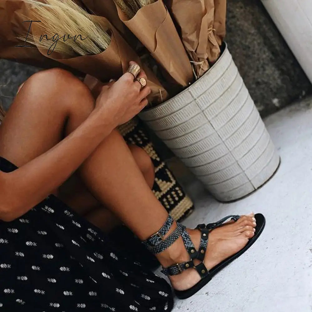 Ingvn - Ankle Strap Flat Heel Strappy Comfortable Sandals