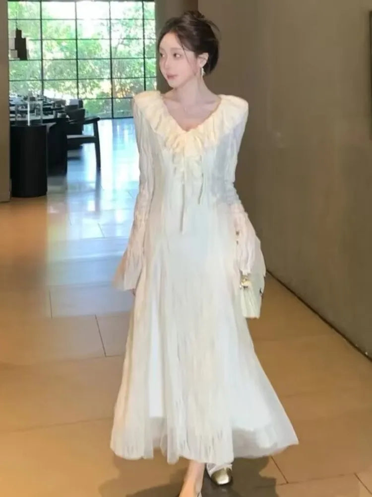 Elegant Party Dresses Woman French Ruffles V-Neck Long Sleeve Princess Mermaid Dress Autumn Spring Chic Vestidos Female Outfits