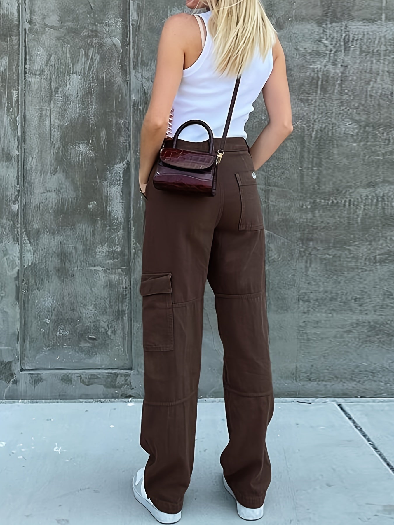Wide Leg One Side Square Pocket Cargo Pants, Denim Loose Baggy Fit Straight Legs Trousers, Y2K Kpop Vintage Style Women's Jeans