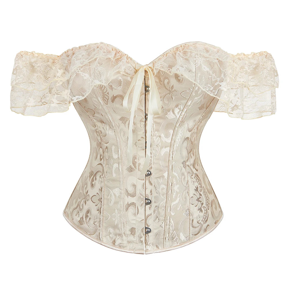 Voguable Womens Bustier Overbust Corselet Lace Up Short Sleeve Sheer Corset Bluse Costume Crop Top