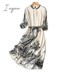 Ingvn - Apricot Striped Print Chiffon Vintage Lace Up Long Sleeve A-Line Women's Dress Korean Fashion Mid-Calf Dresses For Women 2023