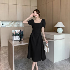Summer New Elegant Party White Midi Dresses for Women Korean Square Collar Puff Sleeve Slim Holiday Casual Female Clothing