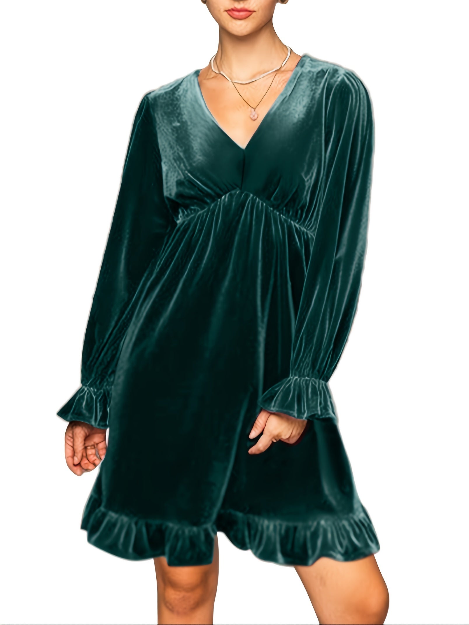 V Neck Velvet Dress For Women Long Sleeve Ruffle Midi Dress Wedding Party Dress With Pockets
