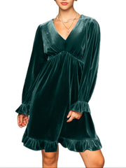 V Neck Velvet Dress For Women Long Sleeve Ruffle Midi Dress Wedding Party Dress With Pockets