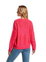 Beaded Heart Pattern Knit Cardigan, Casual Button Down Long Sleeve Sweater, Women's Clothing