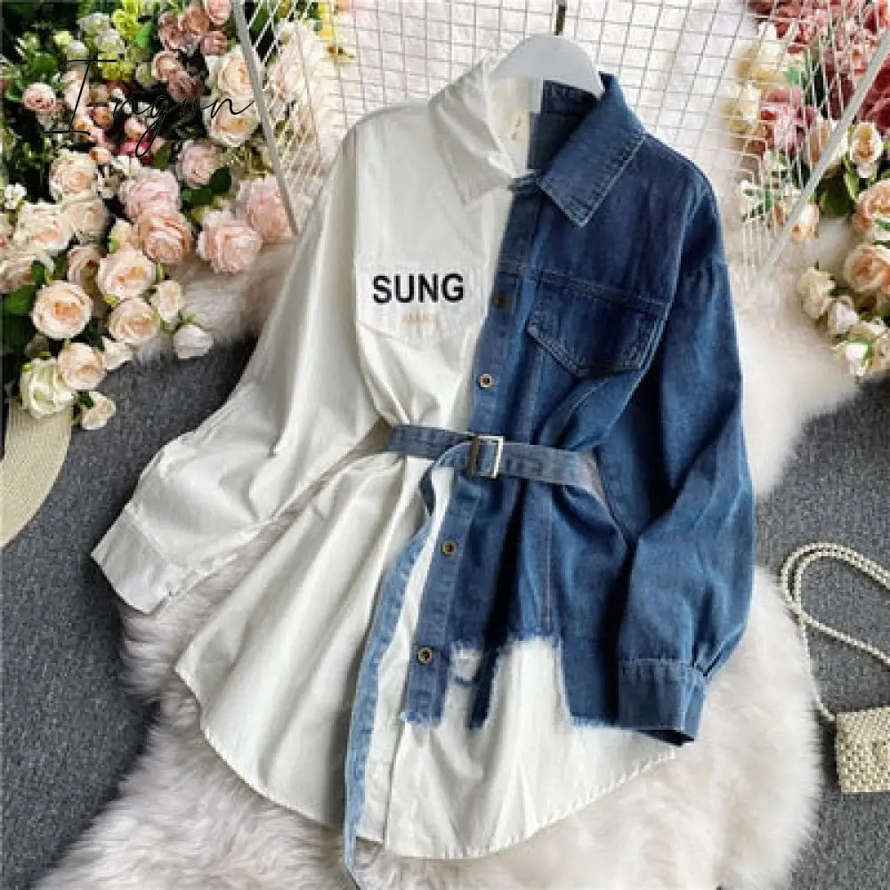 Ingvn - Women's Blouse Autumn Long Sleeve Shirt Tops Jeans Patchwork Plaid Blouses Elegantes Blusas para mujer Slim Shirt Dress