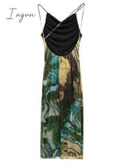 Ingvn - High Quality Bodycon Mesh Dress Women Green Printing Maxi Dress Sexy for Celebrity Evening Club Night Dresses