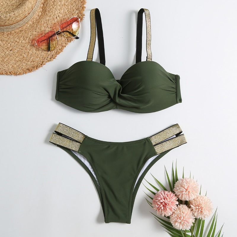 Vintage Retro Bikini Patchwork Swimsuit Thong Brazilian Sexy Swimwear Female  New Summer Micro V-bar Green Bathing Suits