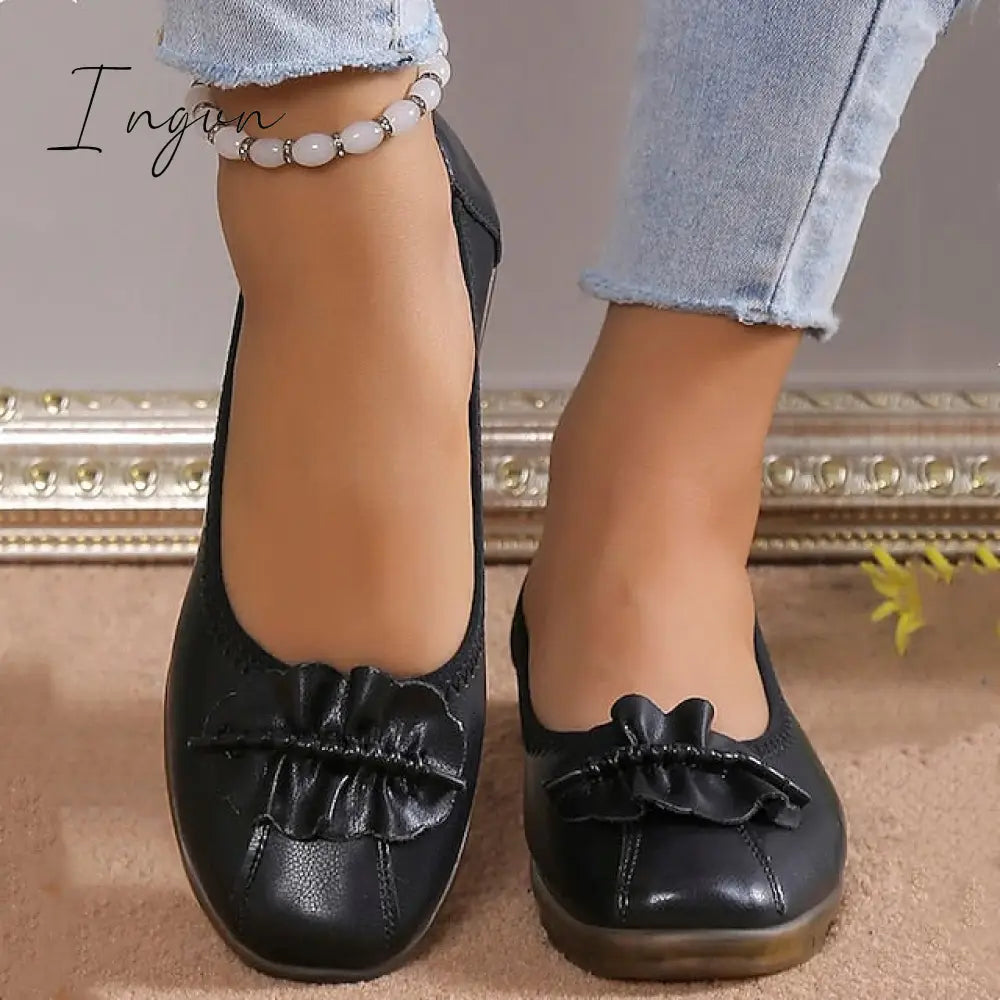 Ingvn - Women's Flats Ballerina Mary Jane Work Daily Bowknot Flat Heel Round Toe Casual Comfort Walking Shoes PU Loafer Floral Black Apricot