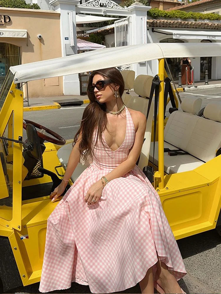 Plaid Print Halter V-neck Midi Dress Women Sexy Off Shoulder Sleeveless A-line Pleated Dress Lady Casual Vacation Vestidos