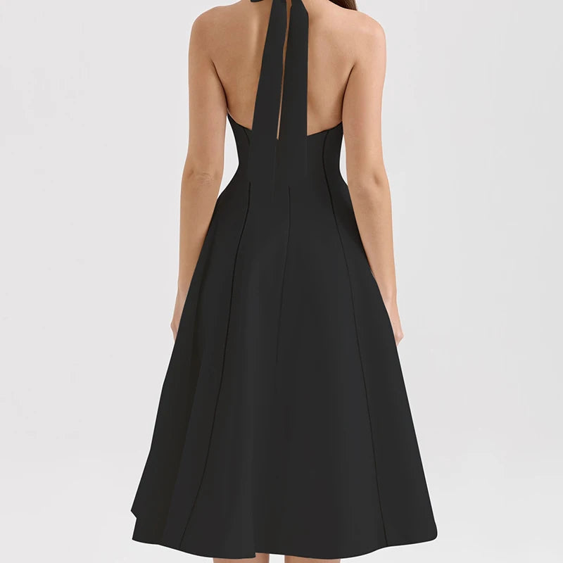 Vintage Elegant Black White Halter Midi Long Dresses Women A-line Slim Sexy Backless Dress Female Summer Party Robe