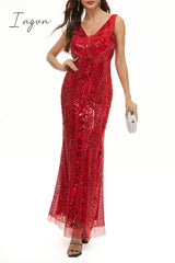 Ingvn - Elegant College Patchwork Sequins V Neck Evening Dress Dresses