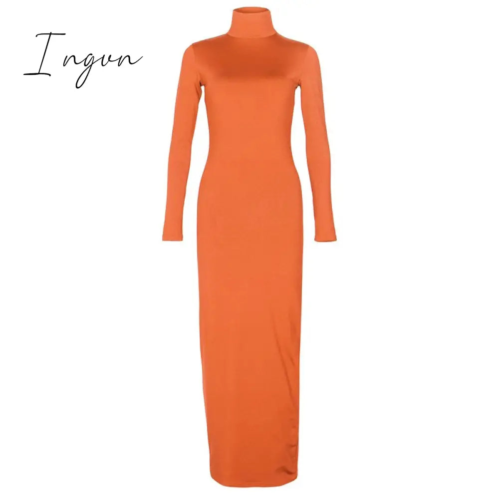 Ingvn - Turtleneck Long Dress Autumn Winter Muslim Elegant Office Lady Skinny Long Sleeve Bodycon Casual Dress Women Midi Clubwear GV464