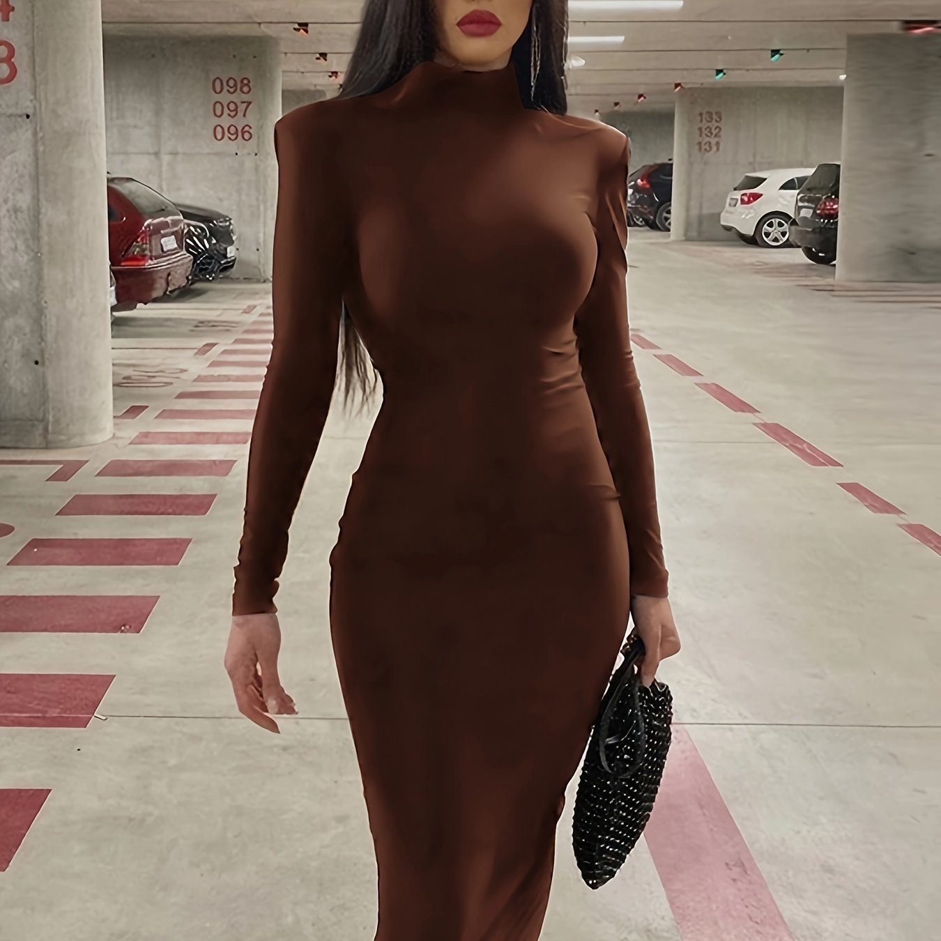 Chic High Neck Midi Dress - Body-Contouring Fit - Versatile Elegance for Work to Weekend