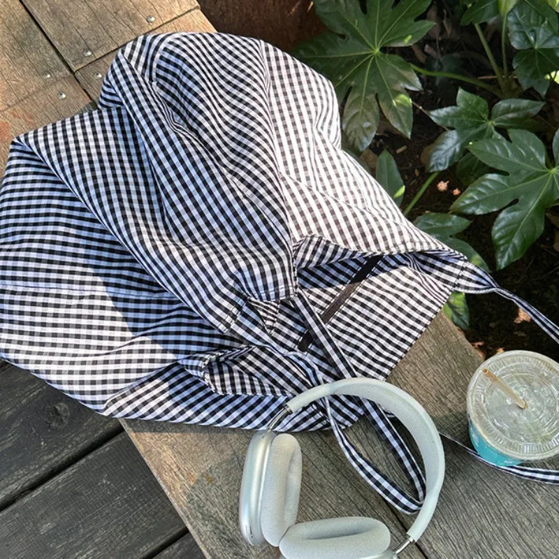 Ingvn  Women Canvas Shoulder Bags Plaid Large Capacity Handbags Female Shopping Portable Lazy All-match Foldable Tote Bag