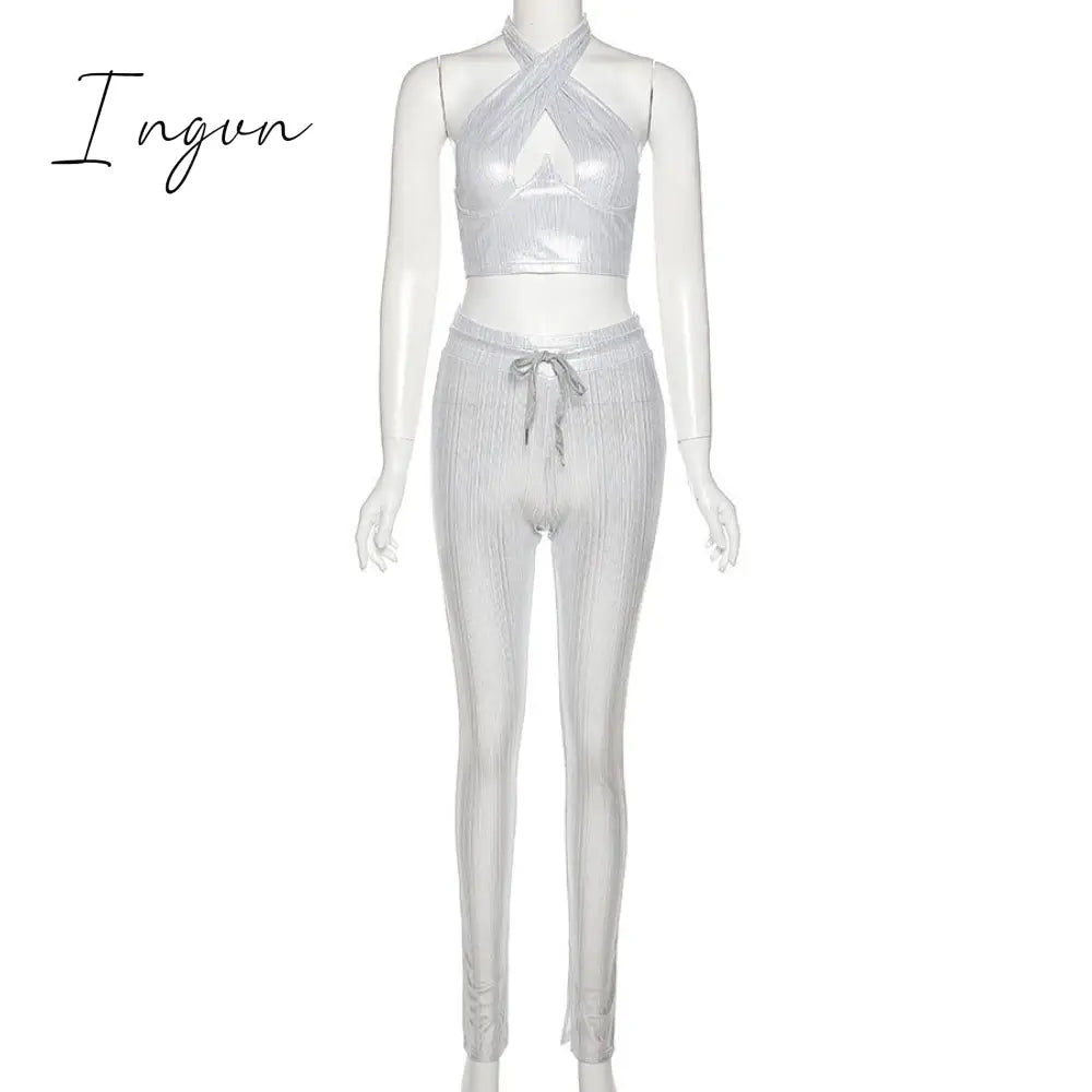 Ingvn - Sexy Bright Women 2-Piece Suits Criss Cross Halter Camisole Tops+Skinny Split Pants Sportswear Female Night Clubwear
