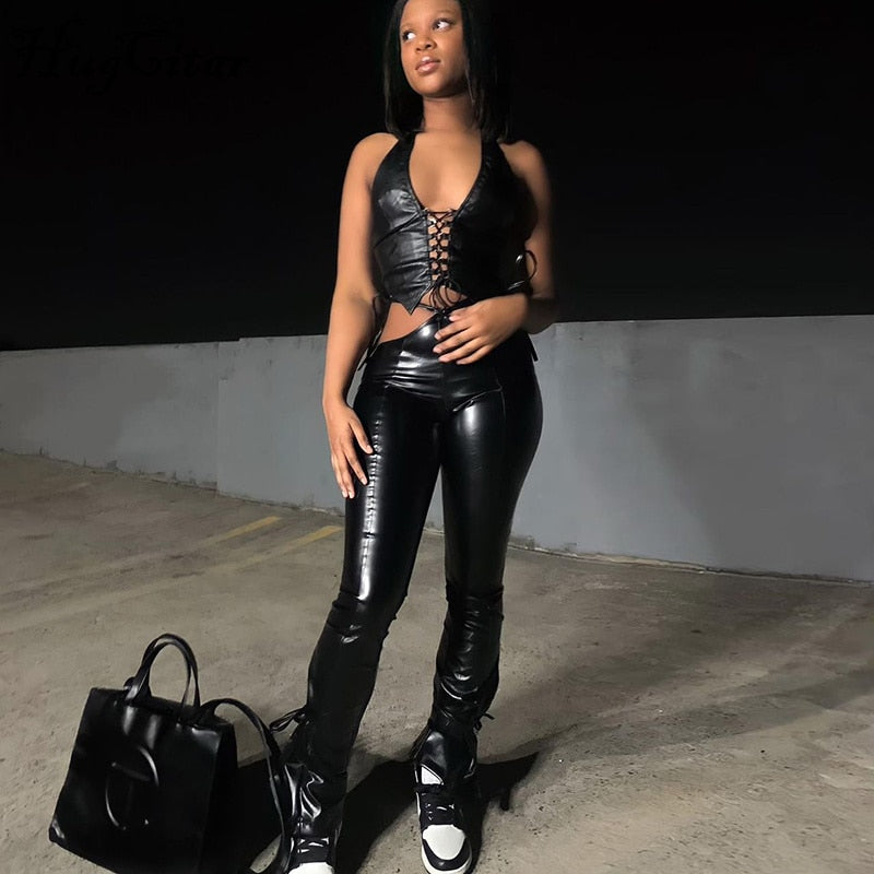 High Waist Solid Pu Leather Bandage Cut Out Pants Autumn Winter Women Fashion Streetwear Casual Flares Trousers
