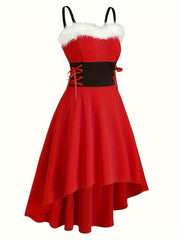 Vintage-Inspired Faux Fur Aline Swing Tank Dress - Contrast Trim, Asymmetrical Hem, Cross Tie Detail, Christmas Party Dress - Women's Clothing, Holiday Season Fashion