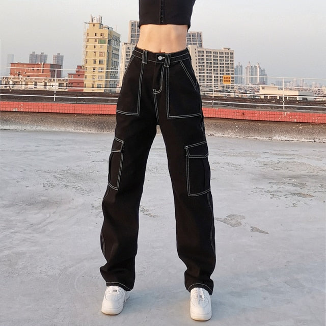 Rockmore Brown Vintage Baggy Jeans Women 90s Streetwear Pockets Wide Leg Cargo Pants Low Waist Straight Denim Trousers