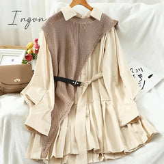 Ingvn - New Sweet Suit Women Japan Single Breasted Turn-Down Collar Pleated Dress +Irregular Drawstring Knitted Vest Two Piece Set PL548