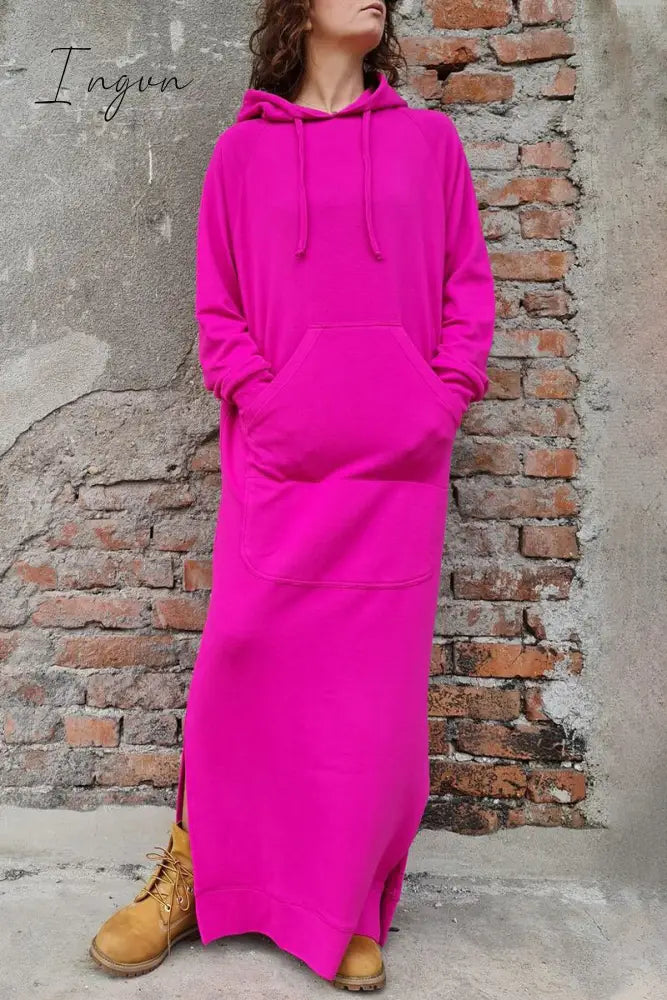 Ingvn - Casual Solid Draw String Pocket Hooded Collar Long Sleeve Dresses