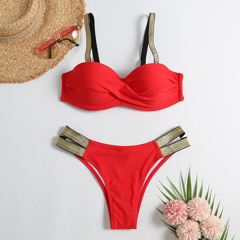 Vintage Retro Bikini Patchwork Swimsuit Thong Brazilian Sexy Swimwear Female  New Summer Micro V-bar Green Bathing Suits