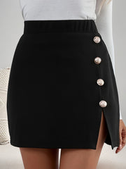 Solid High Waist Split Hem Button Elastic Skirts, Elegant Mid Length Office Work Skirts, Women's Clothing