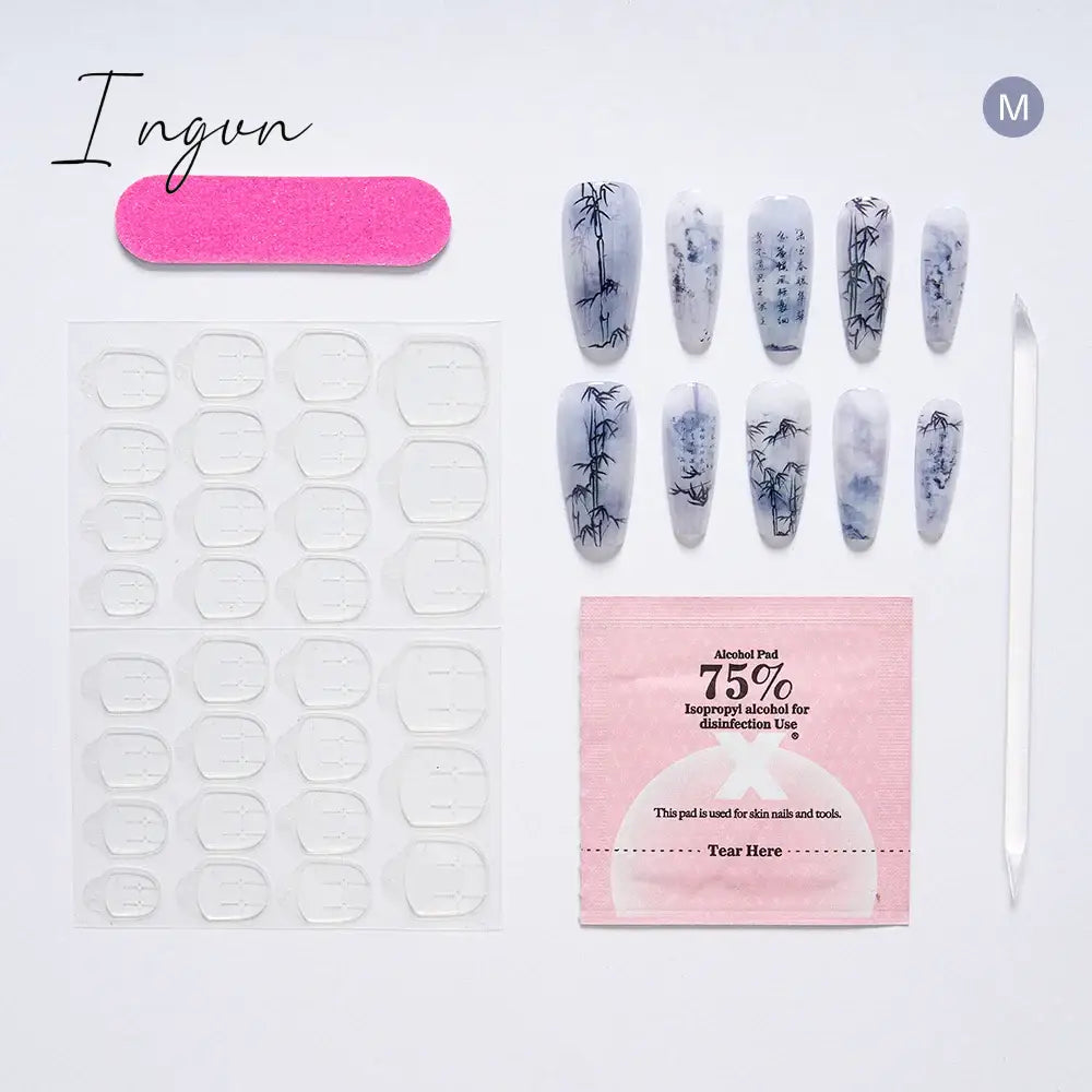 10PCS Chinese Style Fake Nails with Glue Sfumato Ink Long Nails Set Press on Acrylic Stick on False Nails Art