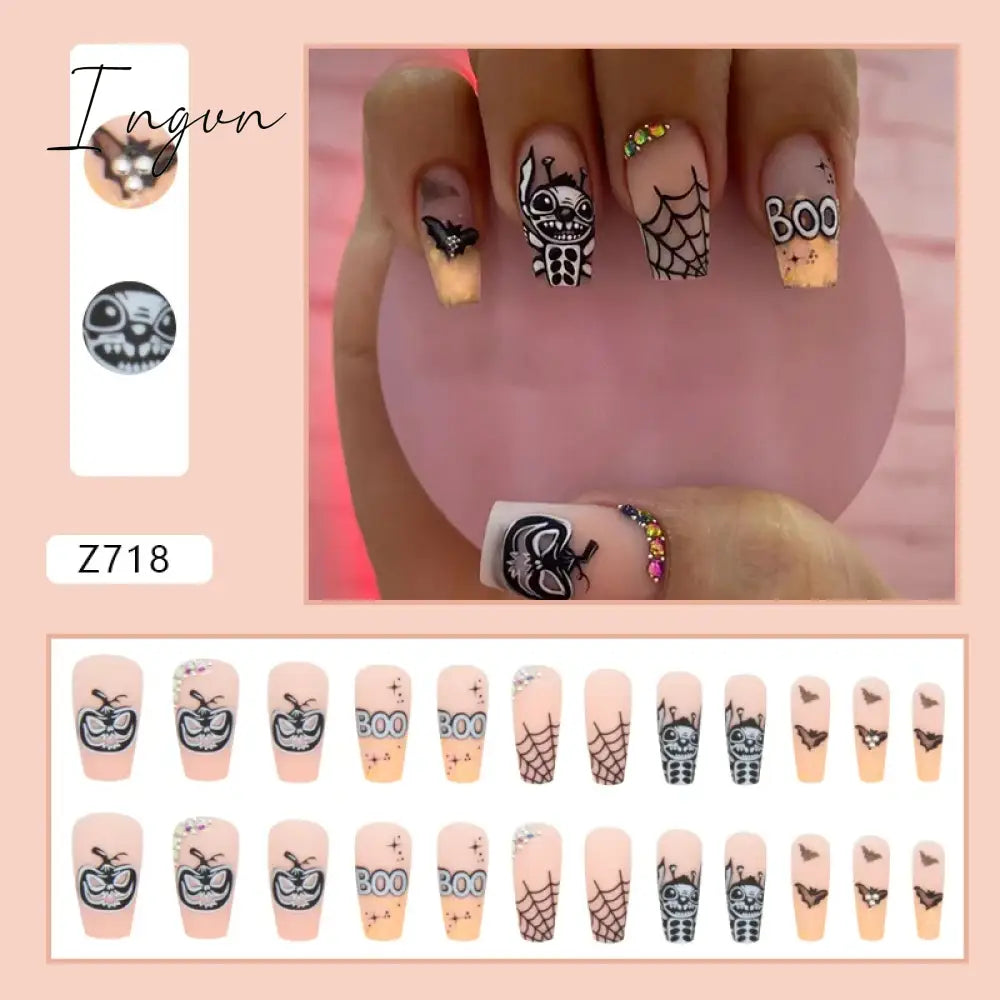24pcs/Box Gradient Nail Art Patches False Nails Short Square Nail Blue Starry Glitter Teardrop Diamond Fake Nail Tips
