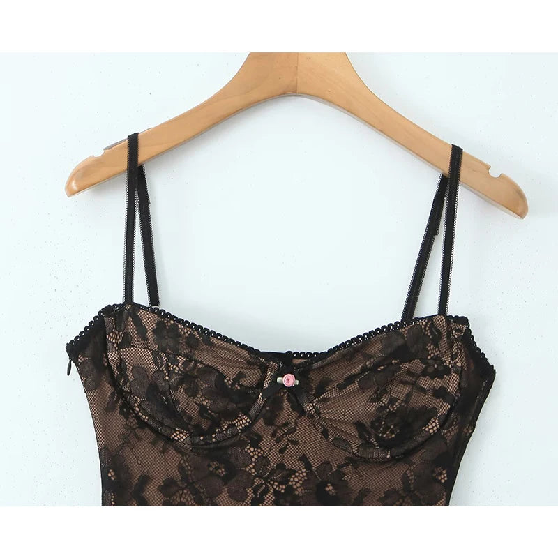 New Fashion Women Spaghetti Straps Lace Sexy Dresses Black Beige Backless Hollow Out A-line Mini Dress Night Out Robe