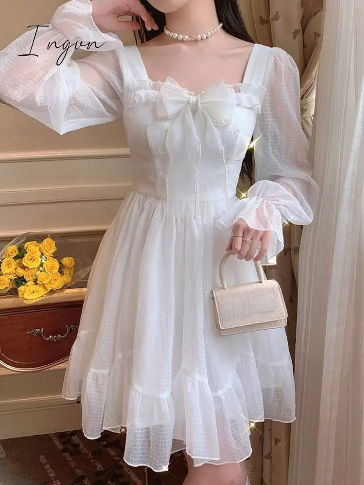 Ingvn - French Sweet Fairy Lolita Dress Women Long Sleeve Lace Y2k Mini Dress Vintage Kawaii Clothes One Piece Dress Korean Autumn