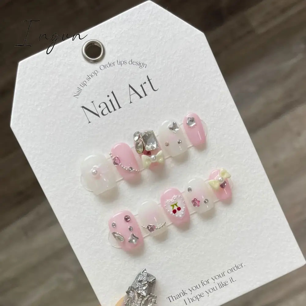 Bow Ice Translucent Sense Handmade Wearable Fake Nail Gradient AB Asymmetric Almond False Nails Trim Nail Shape Nail Decoration