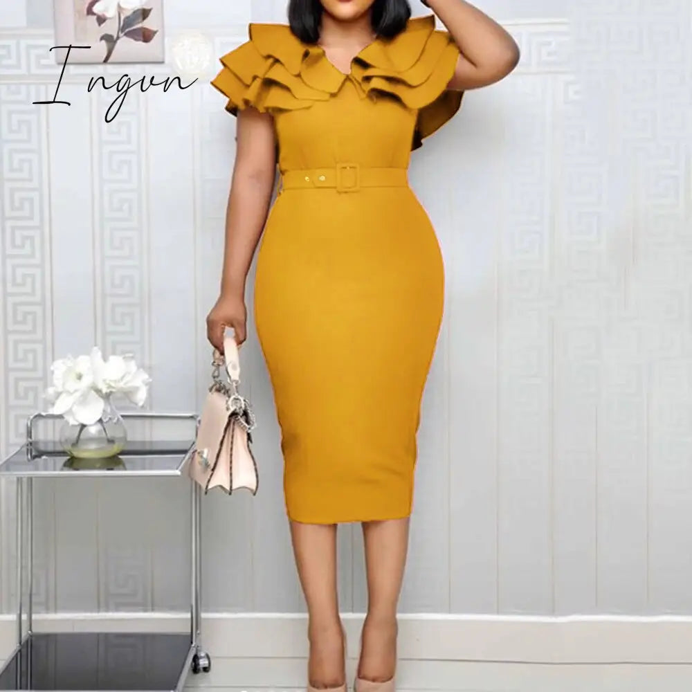 Ingvn - puff sleeve women patchwork dress autumn  bodycon dresses elegant office lady work midi dresses femme vestiods plus size 4xl