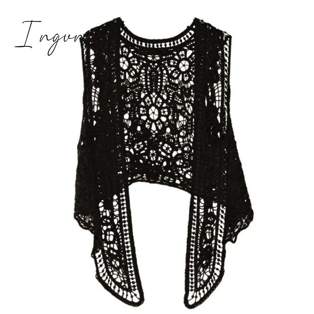 Ingvn - Asymmetric Open Stitch Cardigan Summer Beach Boho Hippie People Style Crochet Knit Embroidery Blouse sleeveless Vest