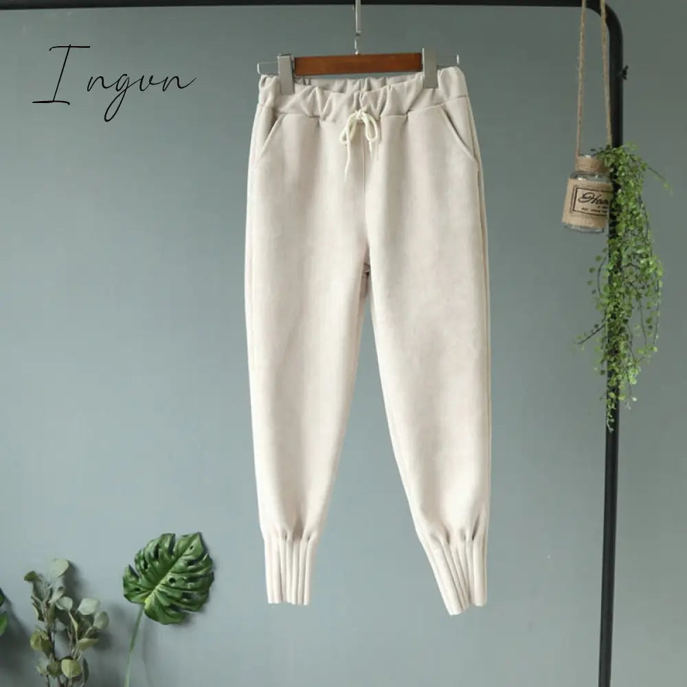 Ingvn - Casual Autumn Winter Women Pants Korean Elastic High Waist Pockets Suede Harem Pants Trousers Women Pantalon Femme