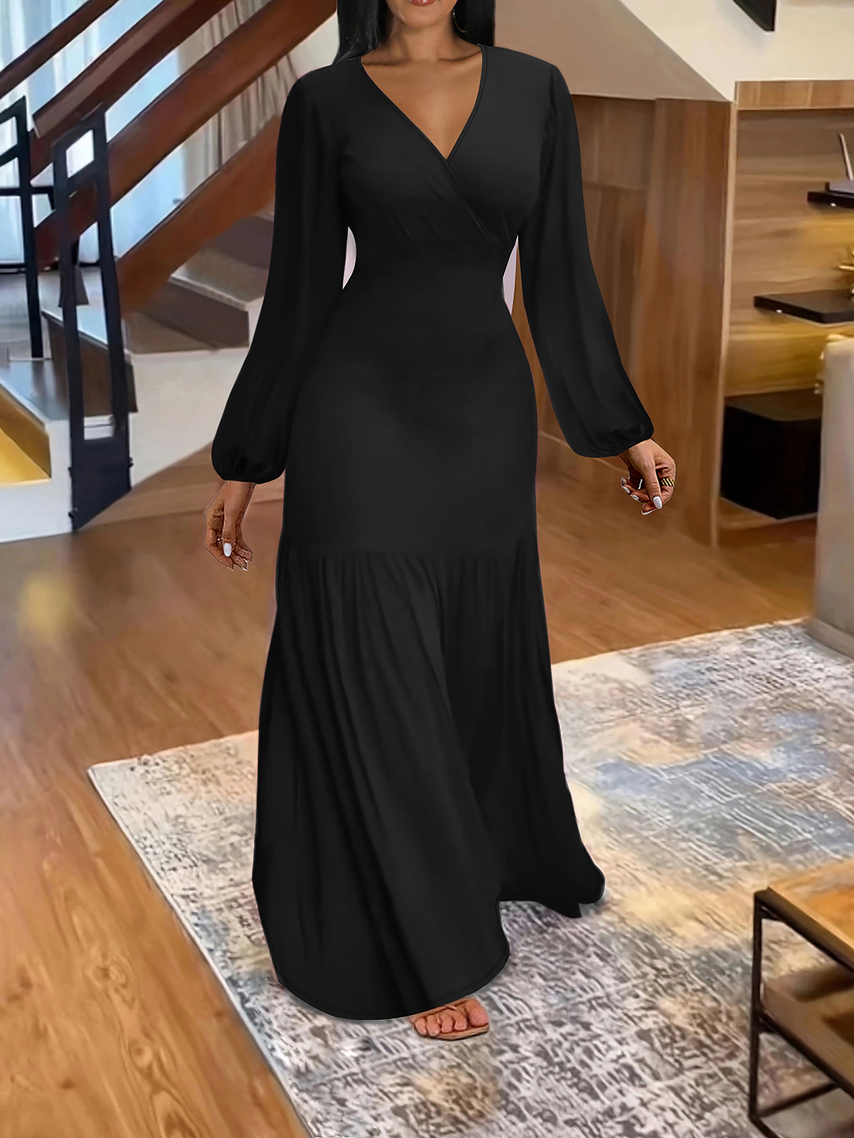 Stunning Ruched Maxi Dress - Elegant V Neck, Lantern Long Sleeves, Party-Perfect, Women's Clothing for Special Occasions
