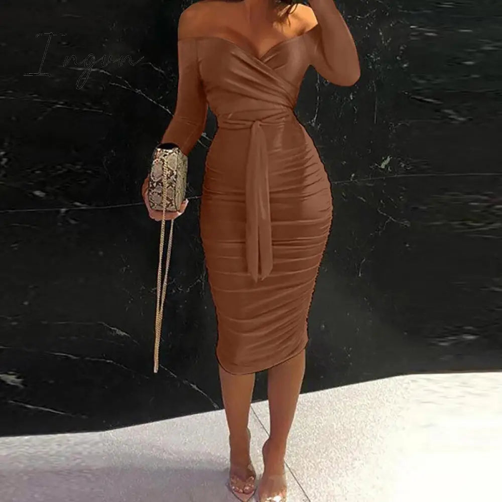 Ingvn - Women Clothing Asymmetric Collar High Waist Robe Slit Dress Chic Solid Short Sleeve Elegant Fashion Prom Banquet Dress New