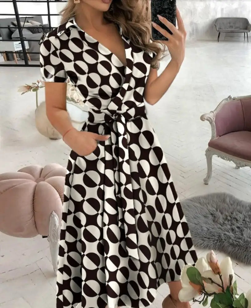 Ingvn - Spring and Summer Fashion New Party Dress Short-sleeved V-neck Retro Dress with Printed Belt