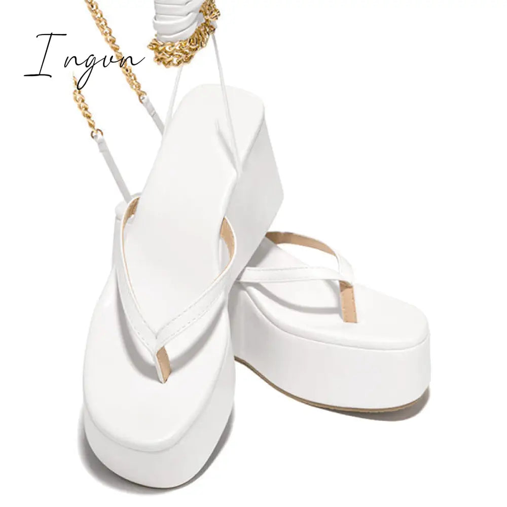 Ingvn - Ankle Chain Lace-Up Thong Entry Wedge Platform Sandals