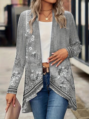 Floral Print Open Front Tunics, Casual Dipped Hem Long Sleeve Outwear For Spring & Fall, Women's Clothing
