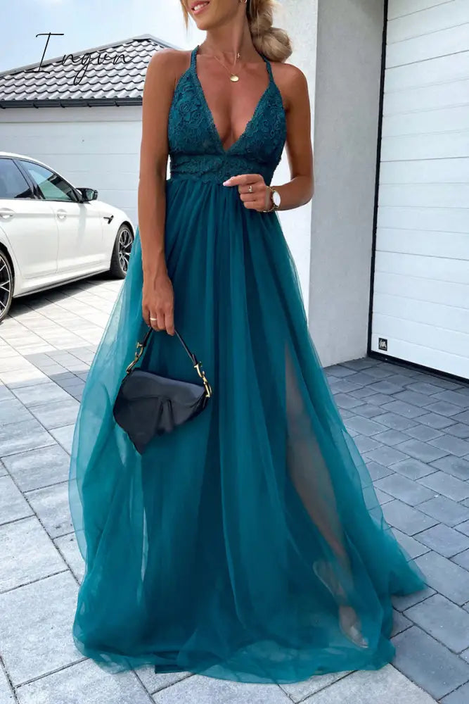 Ingvn - Sexy Solid Mesh Halter Cake Skirt Dresses