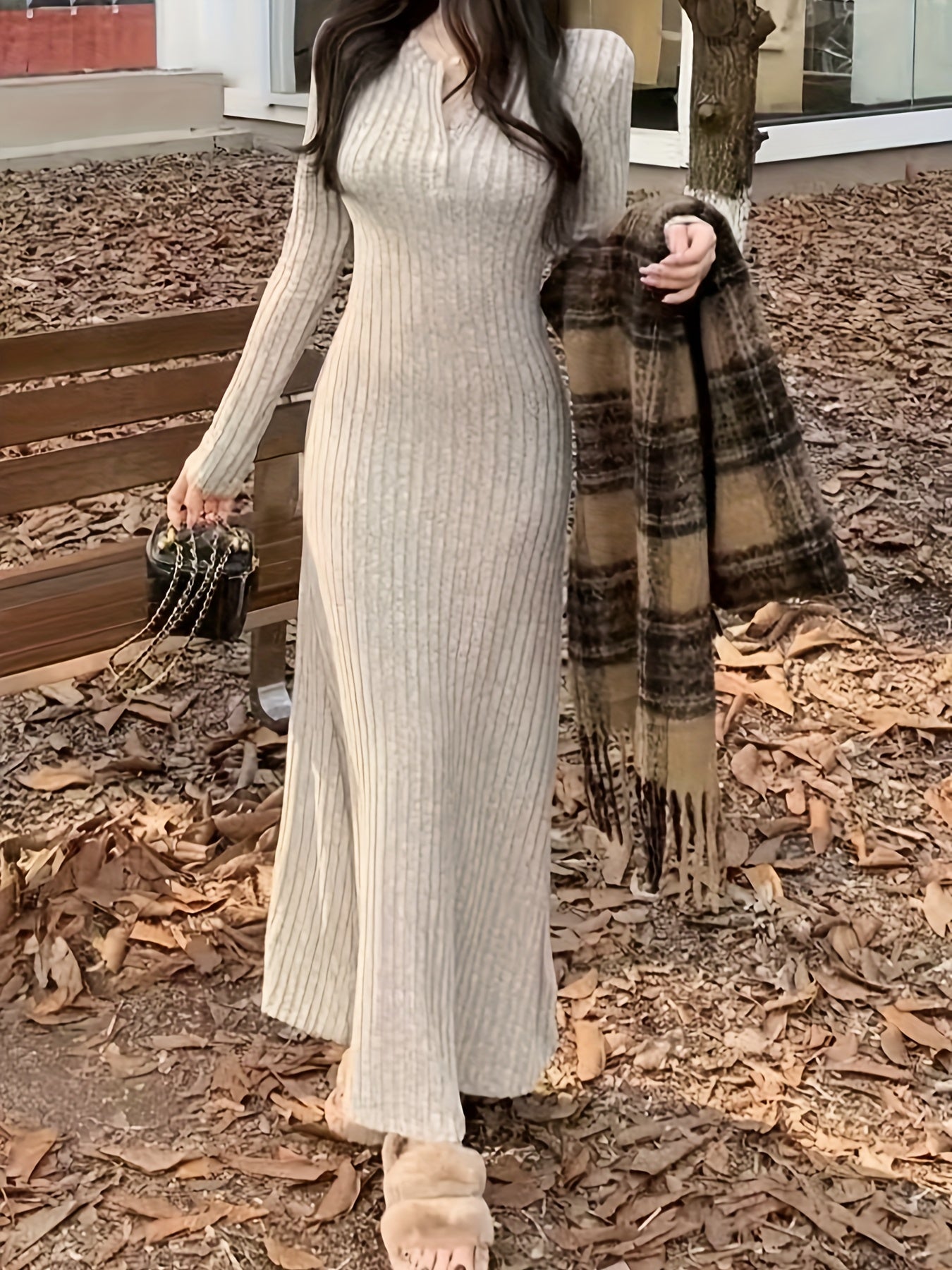 [Long Sleeve Fall Dress] Ribbed V Neck Dress, Casual Long Sleeve Dress For Fall & Winter, Women's Clothing