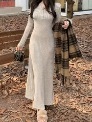 [Long Sleeve Fall Dress] Ribbed V Neck Dress, Casual Long Sleeve Dress For Fall & Winter, Women's Clothing
