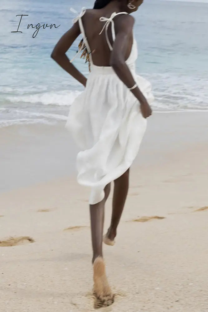 Ingvn- Sexy Vacation Solid Bandage Backless V Neck Beach Dress Dresses
