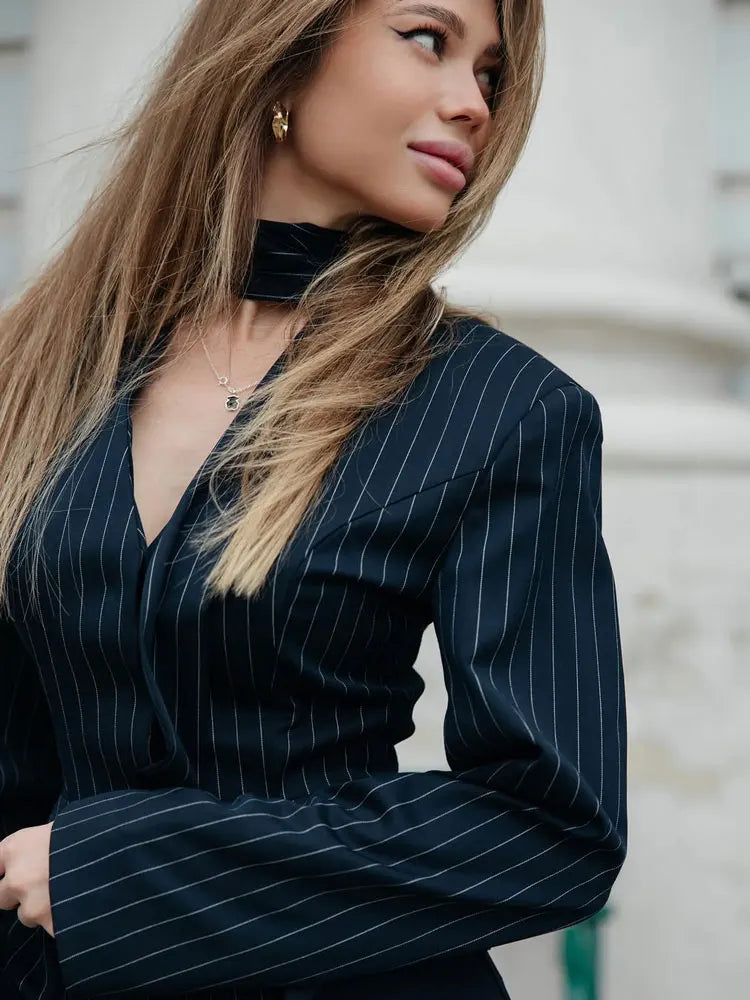 Elegant Female Striped Suit Coat For Women Scarf Lace-Up Patchwork V-Neck Long Sleeve Luxury Outwear Female Jackets Coat